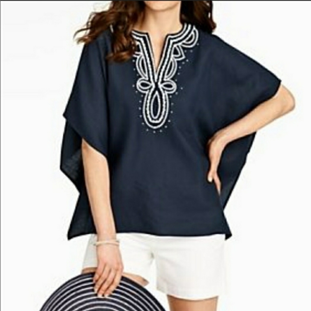 Talbots Navy + White Embroidered Poncho Linen, Size L